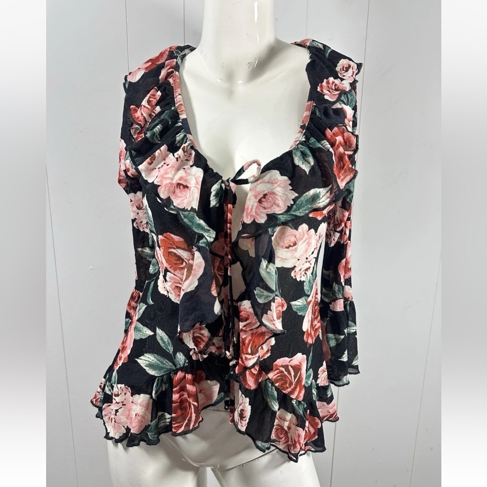 Another Reason Womens Sz M Sheer Mesh Floral Rose 3/4 Bell Sleeve Ruffle Blouse